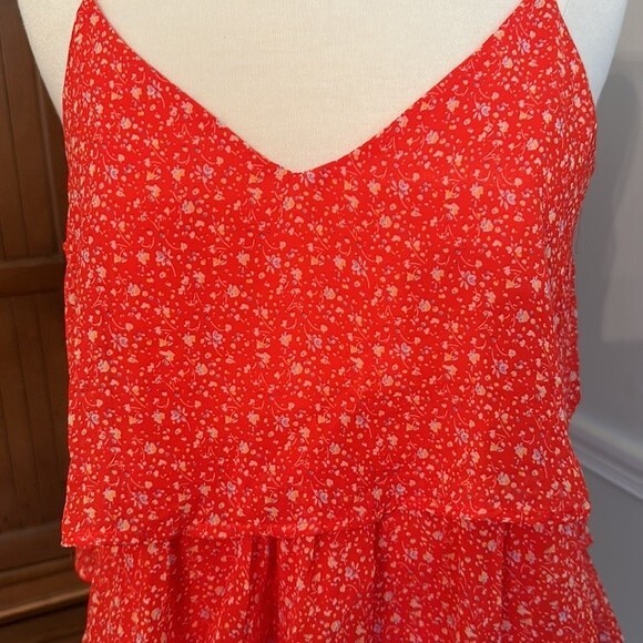 Tiered ruffled sleeveless top in orange/red with small flowers, S/M - Picture 2 of 4